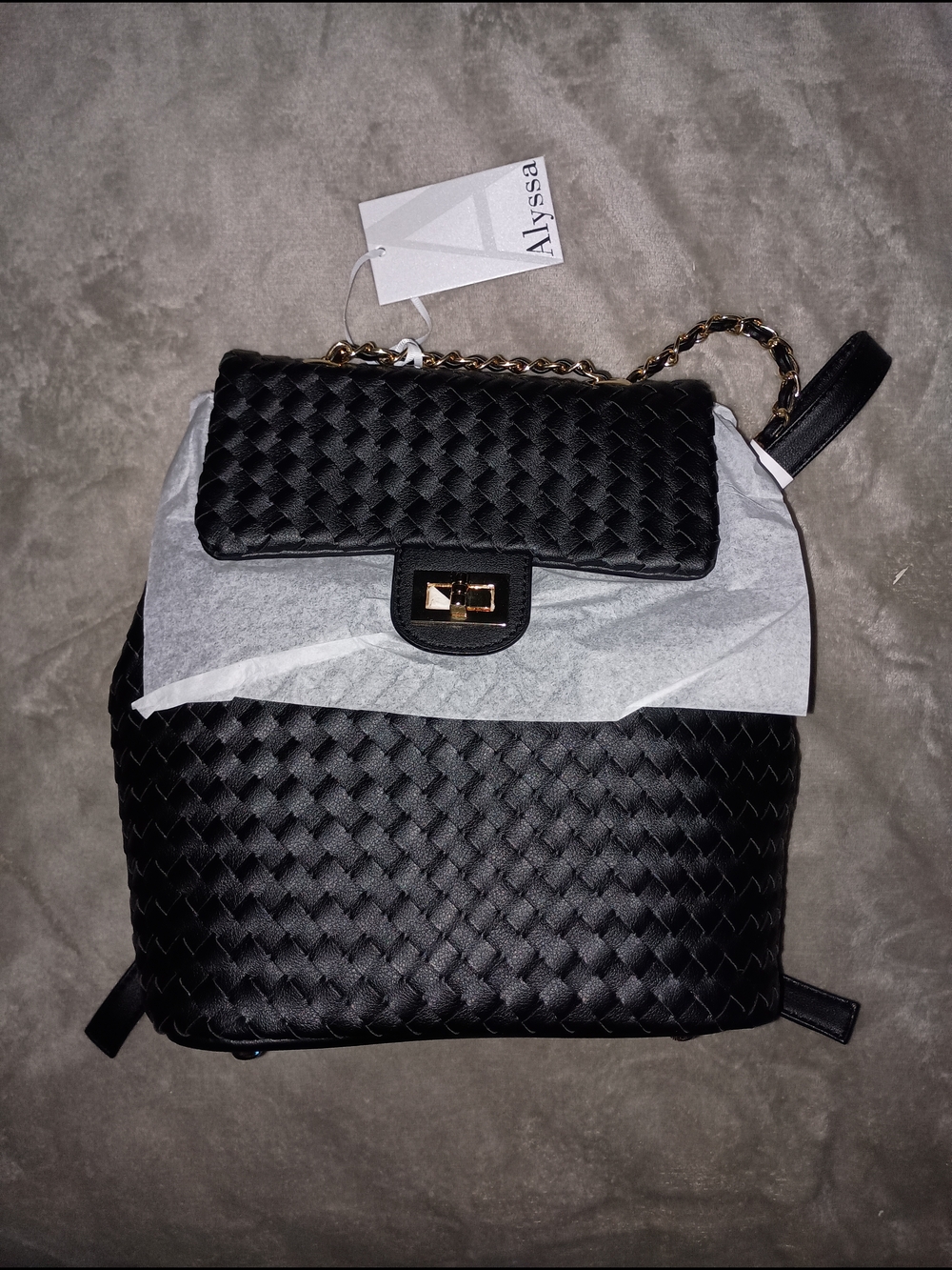 Alyssa Black Woven Backpack with Gold Chain Accent